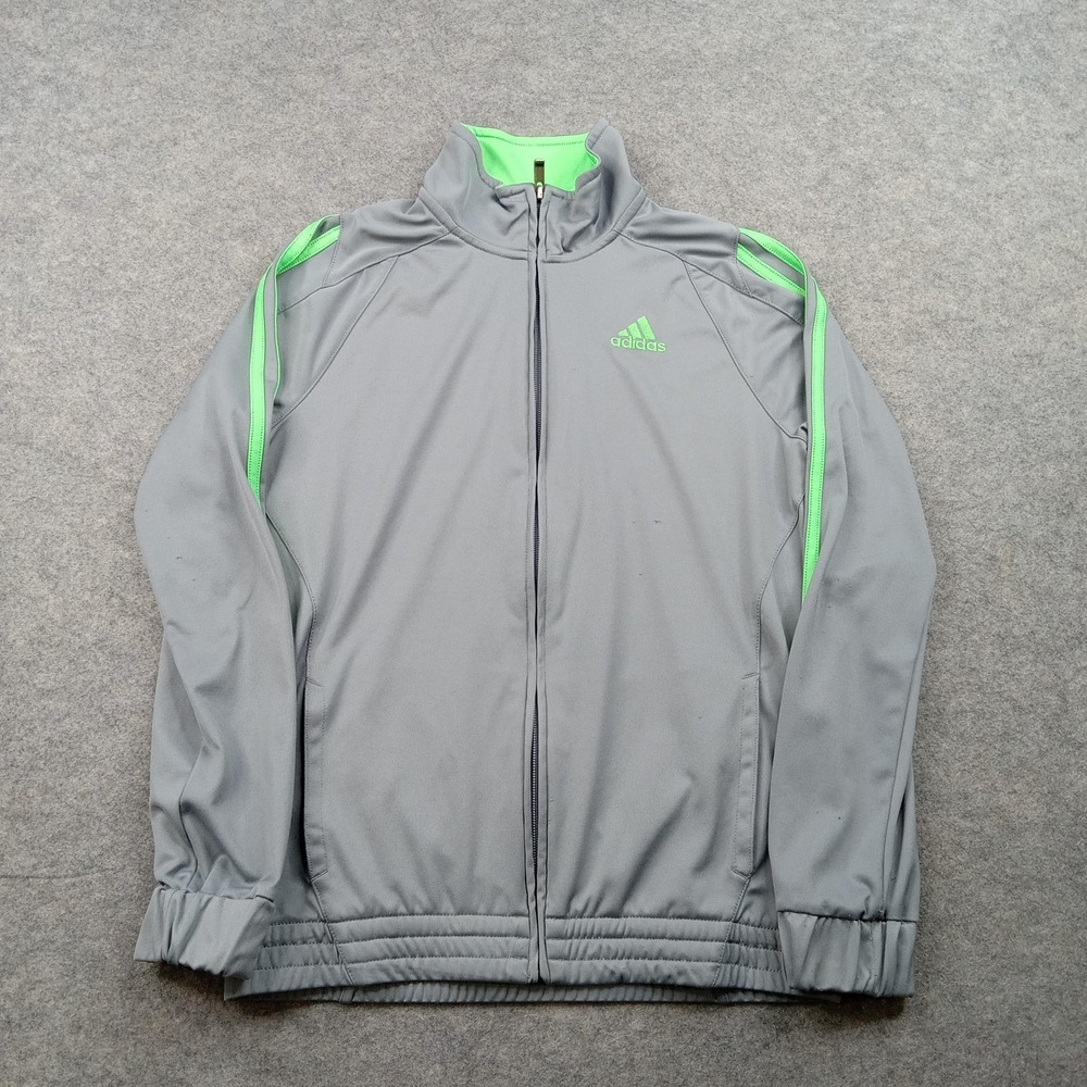 Adidas Track Jacket Youth 10/12 Gray Green Full Zip 3 Stripe Athletic Sport